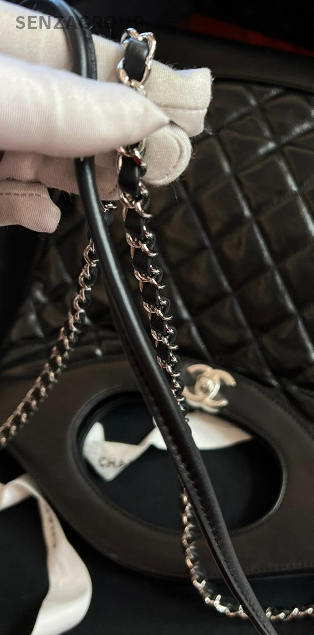 Chanel 31 PM Lambskin Diamond Top Handle Bag Chain Crossbody Black Silver Women
