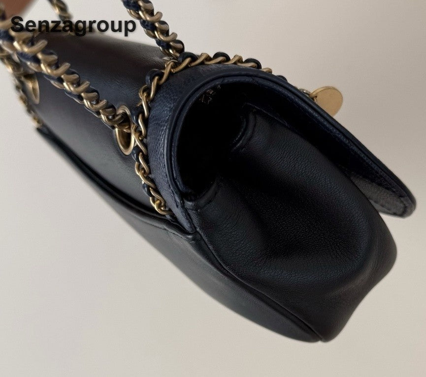 Chanel Around Flap Chain Shoulder Bag Black Gold Used Women Classic Designer