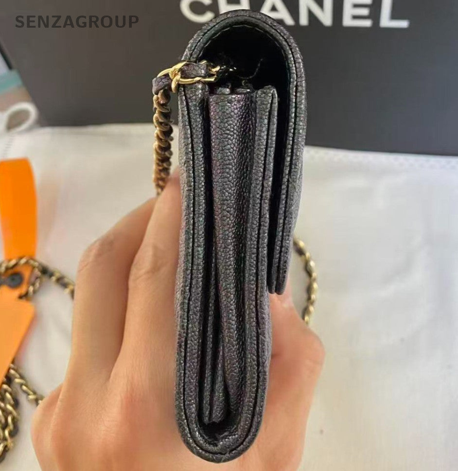 Chanel WOC Diamond Chain Shoulder Bag Black Gold Women Classic