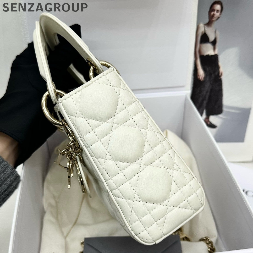 Dior Lady Dior Bag White Gold Lamb Leather Classic Women's Handbag