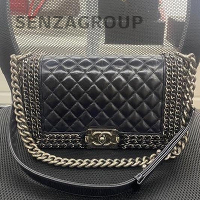 Chanel Le Boy Medium Black Silver Calfskin Quilted Shoulder Bag Classic