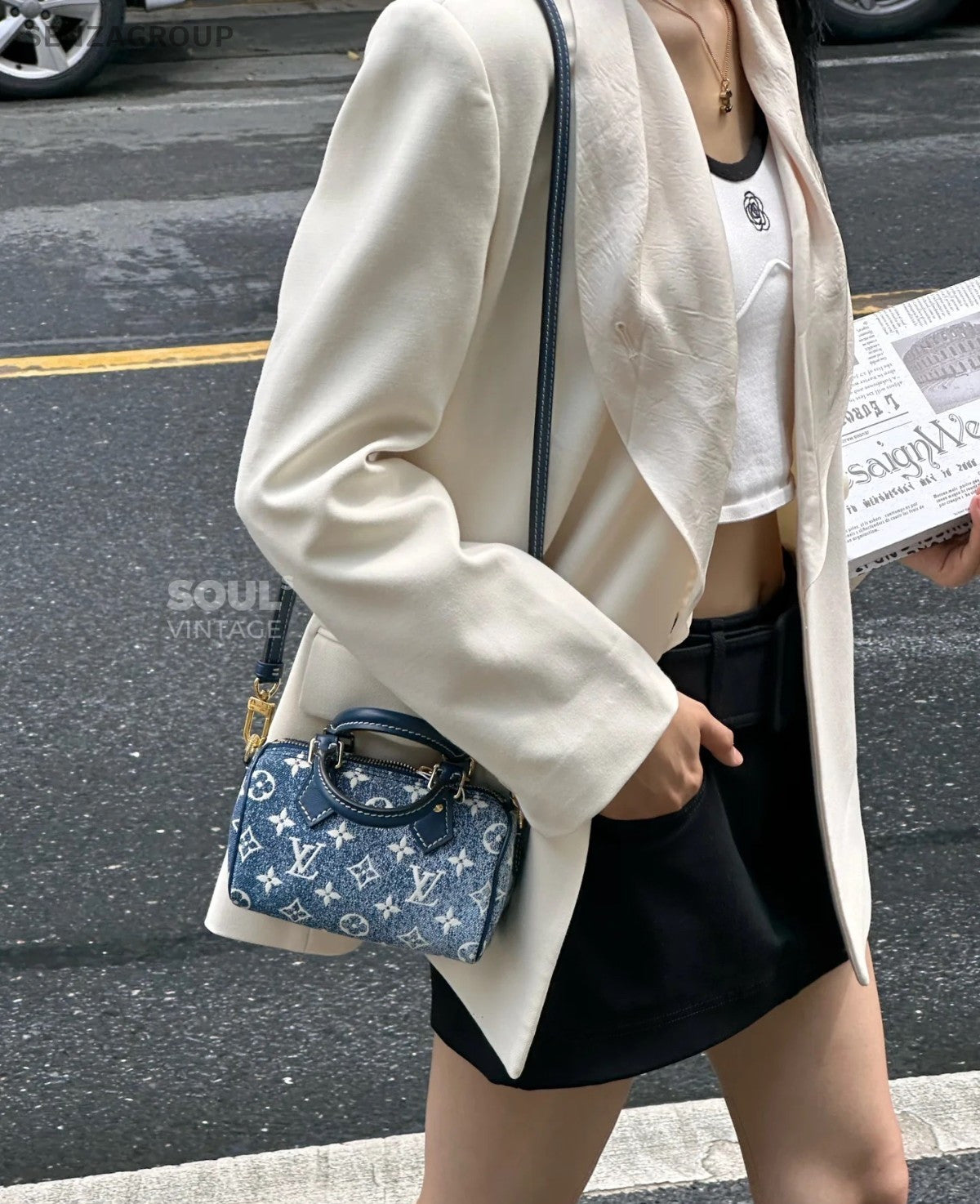 Louis Vuitton Speedy Nano Denim Top Handle Shoulder Crossbody Bag Blue Women