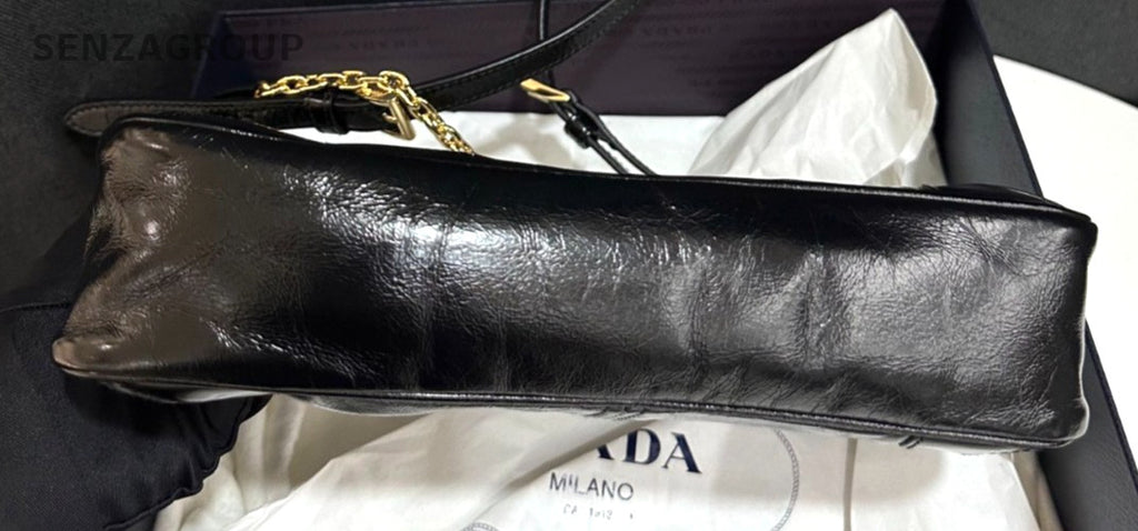 PRADA Triangular enamel metal Shoulder Handbag Black Gold Oil waxed leather
