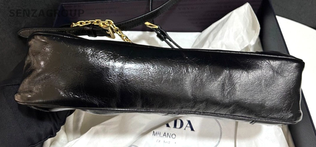 PRADA Triangular enamel metal Shoulder Handbag Black Gold Oil waxed leather