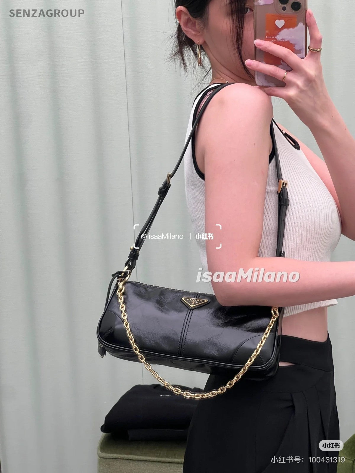 PRADA Triangular enamel metal Shoulder Handbag Black Gold Oil waxed leather