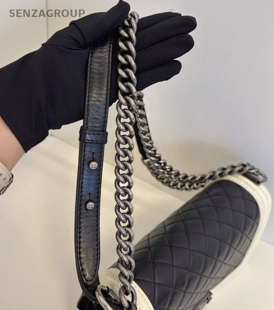 Chanel Leboy MM Lambskin Chain Shoulder Bag Black White Silver Women Classic