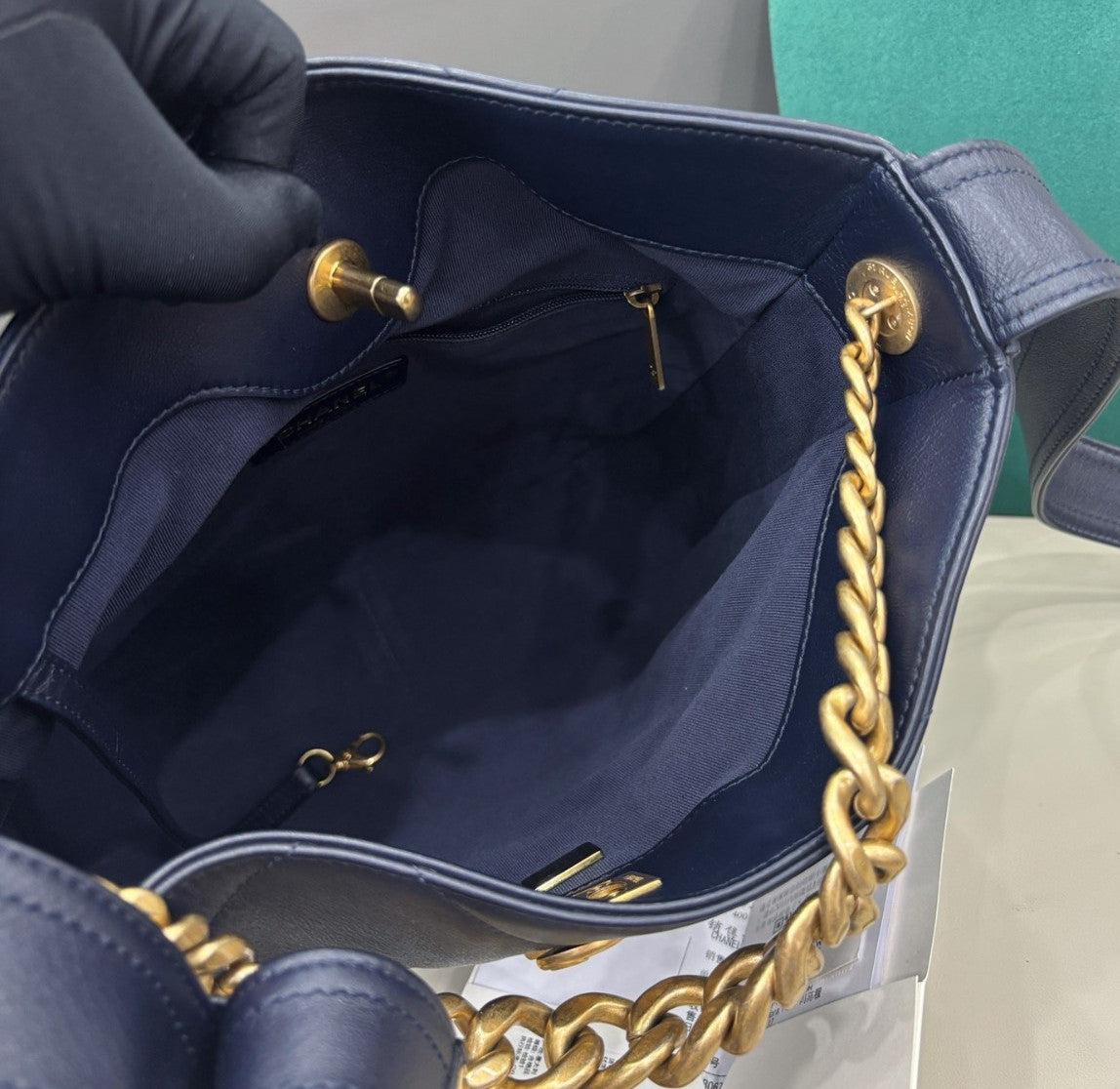 Chanel Calfskin Hobo Chain Shoulder Bag Crossbody Blue Gold Women Classic