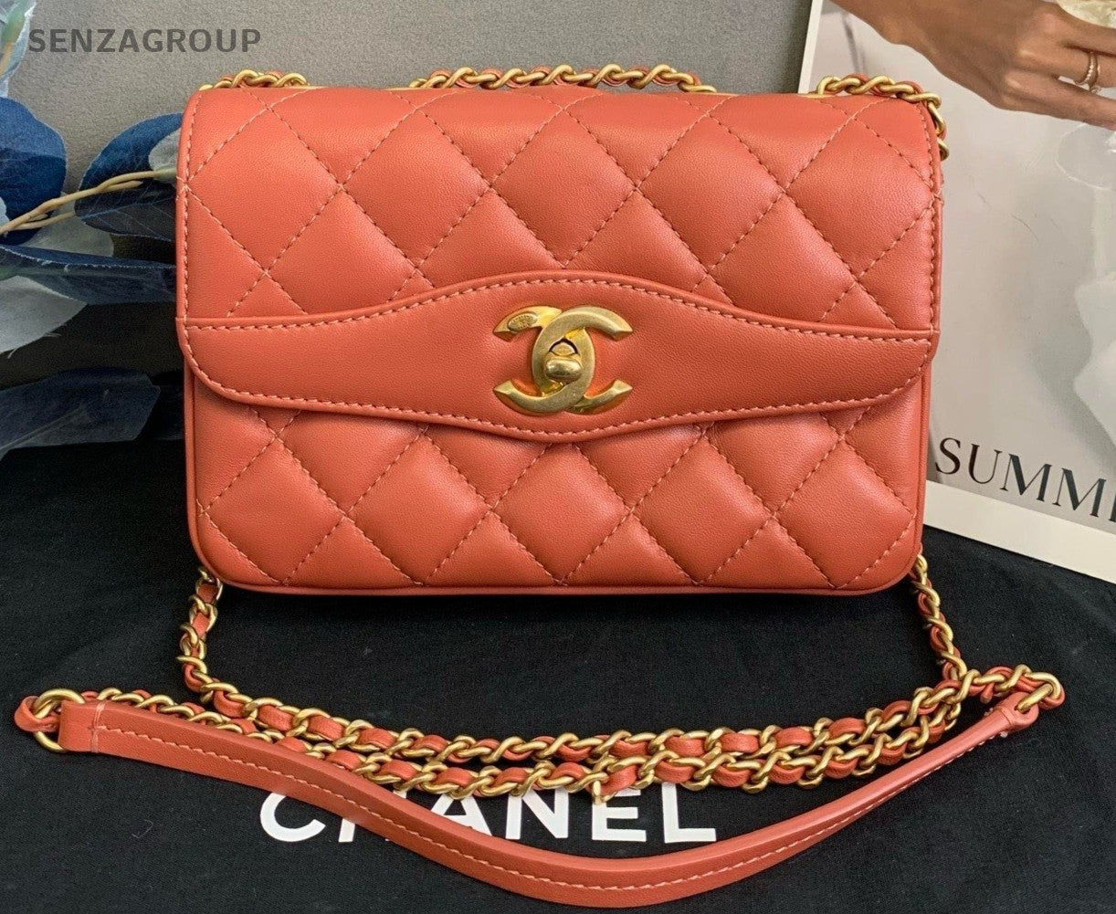 CHANEL Diamond pattern Cuban orange-red Chain Shoulder bag Crossbody Women
