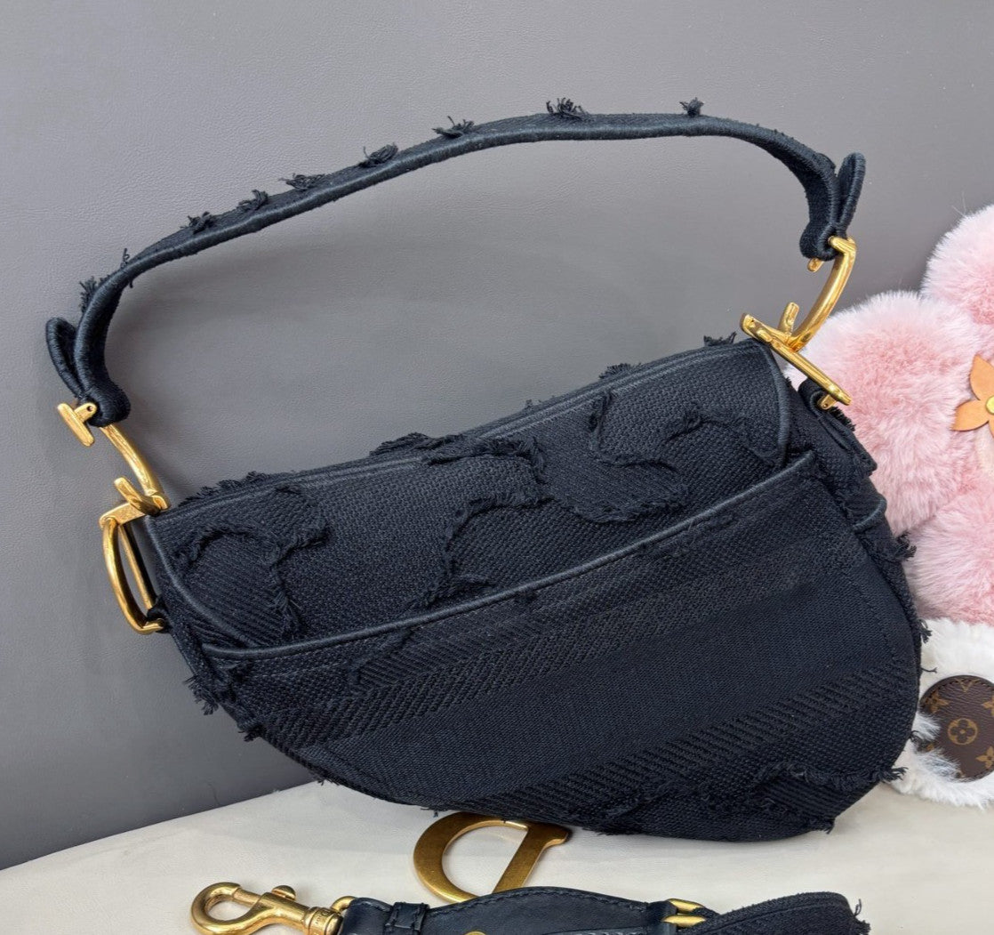 Christian Dior Saddle MM Canvas Top Handle Shoulder Crossbody Black Gold Women