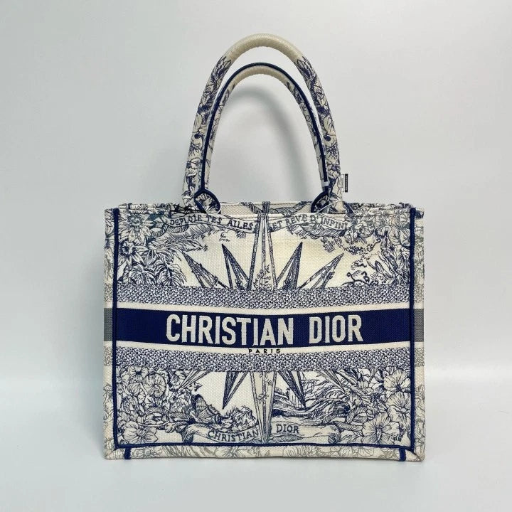 Authentic Dior Blue Embroidered Medium Tote Handbag For Women