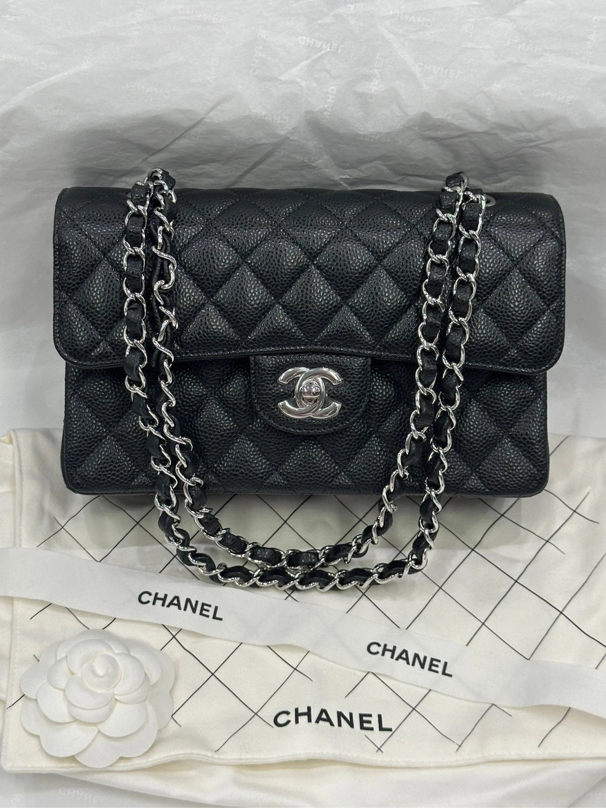 CHANEL Classic Flap Small Black Leather Shoulder Bag For Women