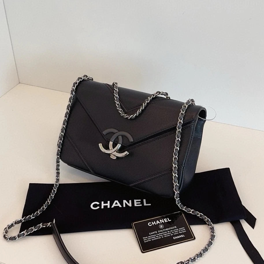 Chanel Cuba MM Chain Shoulder Crossbody Black Silver Women Classic