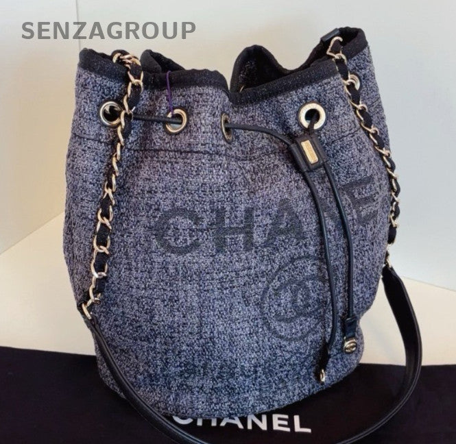 Chanel Beach Drawstring Bucket Chain Shoulder Bag Crossbody Gray Black Women