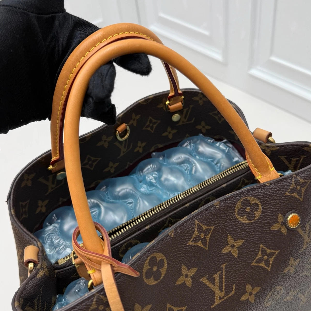 Louis Vuitton Montaigne MM Monogram Top Handle Crossbody Brown Gold Women