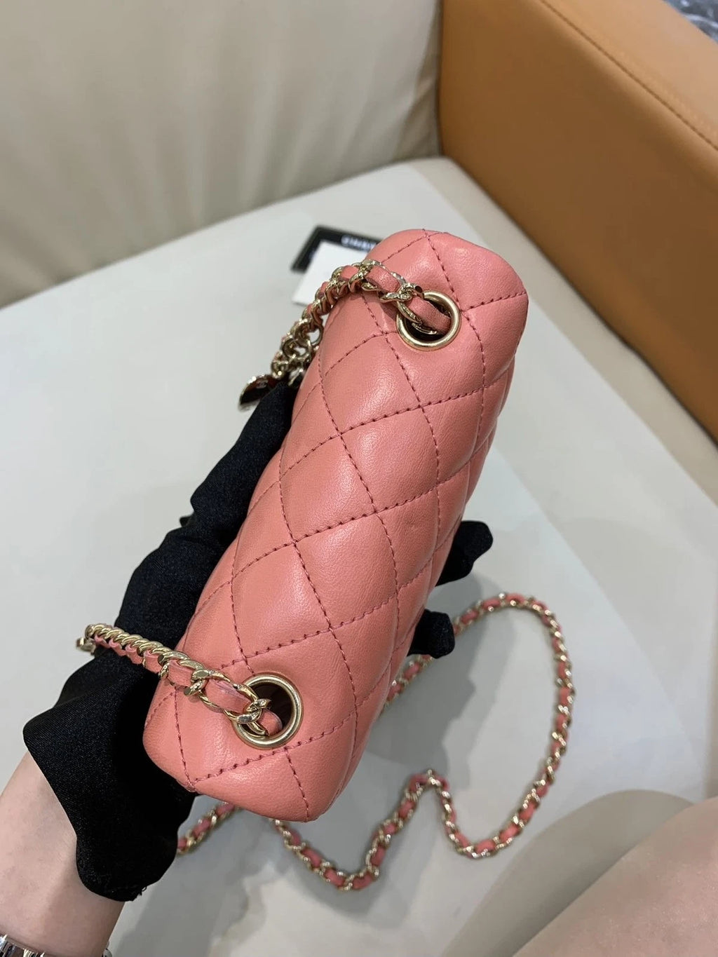 CHANEL Peach Pink Gold Buckle Mini Heart Badge Crossbody Bag Women