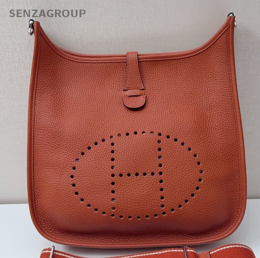 HERMES Evelyne TC Leather Shoulder Bag Crossbody Brown Silver Used Women Classic