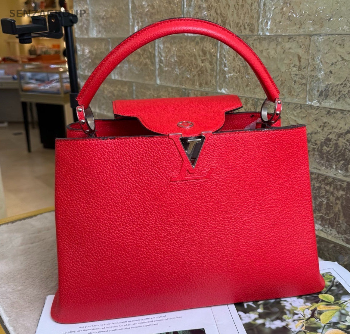 Louis Vuitton Capucines GM Top Handle Bag Red Silver Used Women Classic Fashion