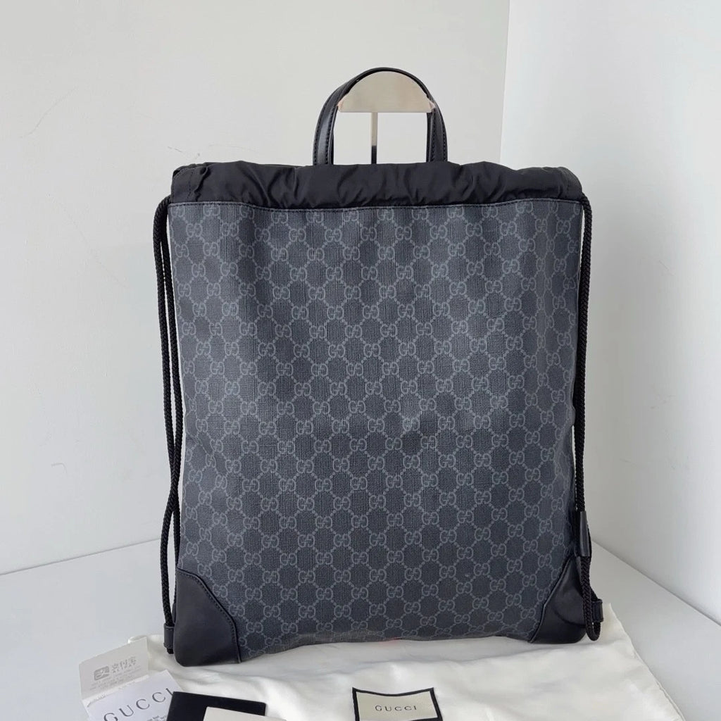 Excellent Gucci Black Monogram Drawstring Satchel Bag Handbag Backpack