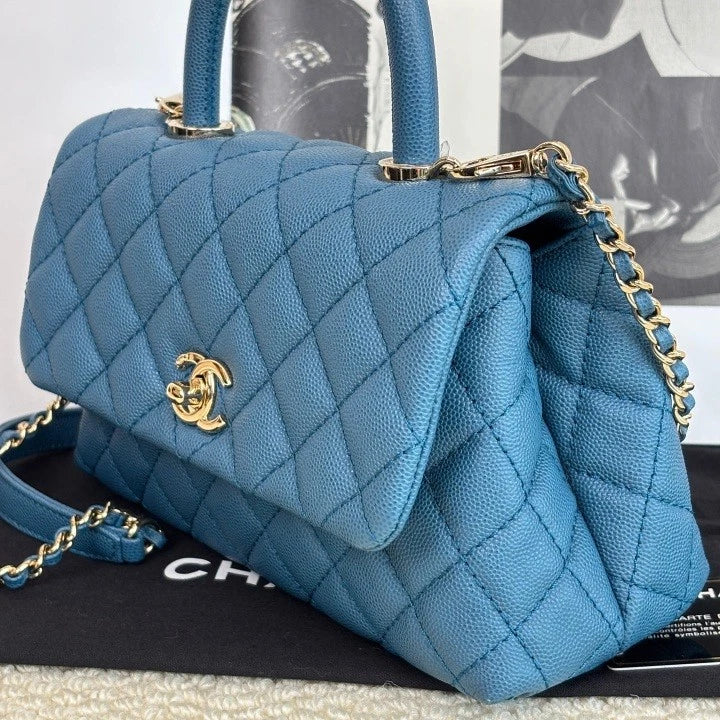 Authentic CHANEL Denim Blue Coco Handle Small Top Handle Bag For Women