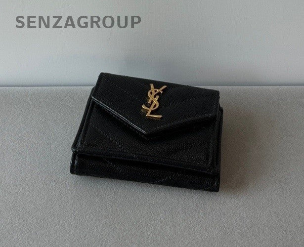 YSL Saint Laurent Caviar Leather Tri-fold Envelope Wallet Clutch Women Black