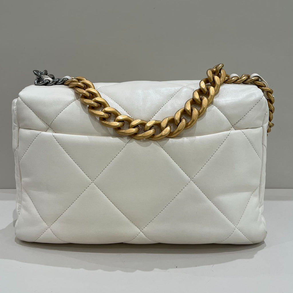 Chanel 19 Medium Quilted Bag White Gold Chain Shoulder Crossbody