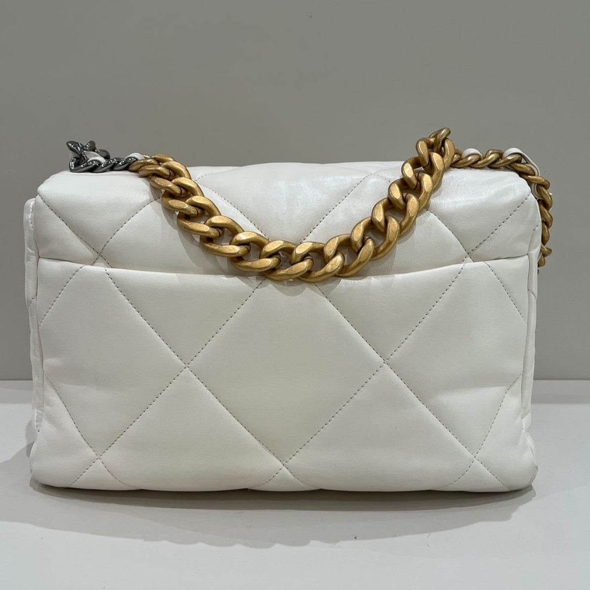 Chanel 19 Medium Quilted Bag White Gold Chain Shoulder Crossbody