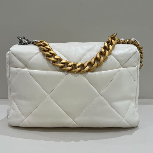 Chanel 19 Medium Quilted Bag White Gold Chain Shoulder Crossbody