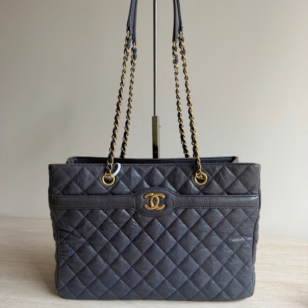 Chanel Calfskin Leather Diamond Navy Tote Gold Chain Shoulder Bag