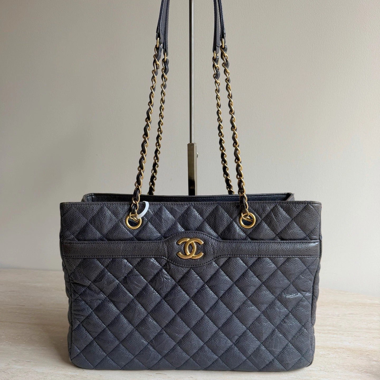 Chanel Calfskin Leather Diamond Navy Tote Gold Chain Shoulder Bag