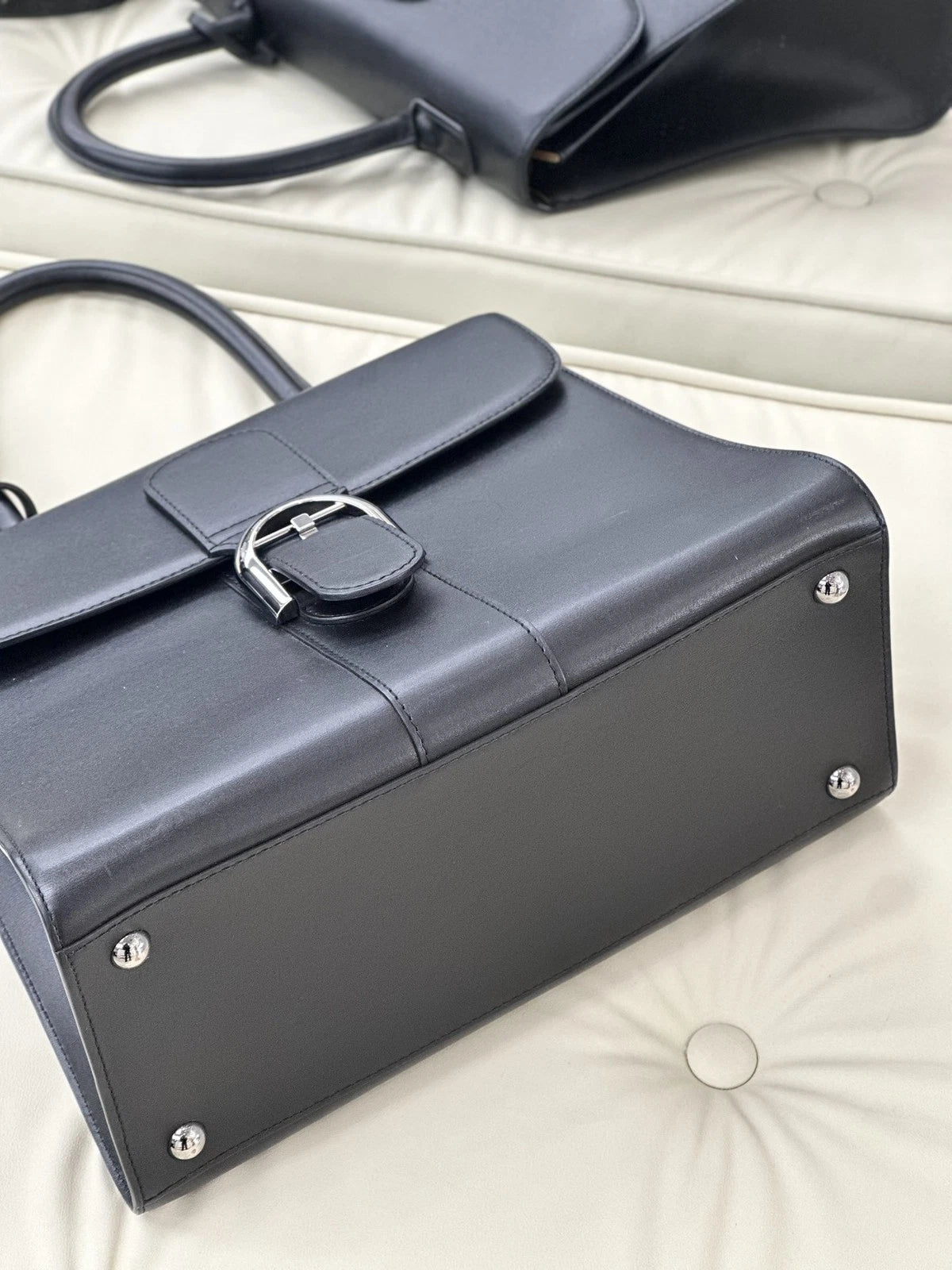 Delvaux Brillant Box GM Calfskin Top Handle Crossbody Bag Black Silver Women S