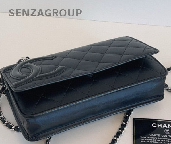 Chanel Cambon WOC Chain Shoulder Bag Crossbody Black Silver Diamond Women