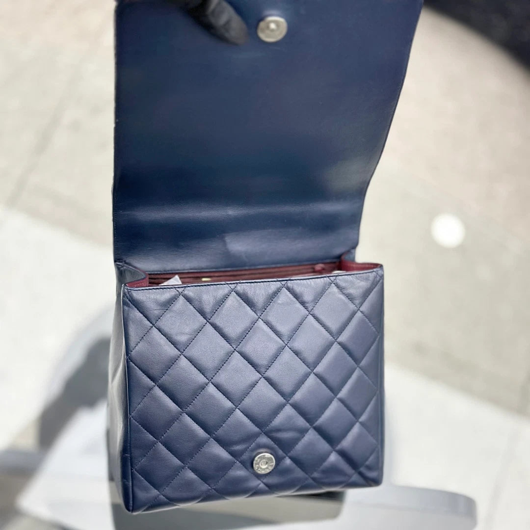 Chanel Lambskin Chain 2Ways Top Handle Shoulder Bag Navy Silver Women S