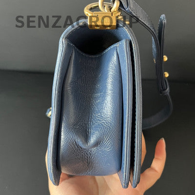 Chanel Le Boy MM Blue Gold Quilted Chain Shoulder Bag - Classic & Stylish