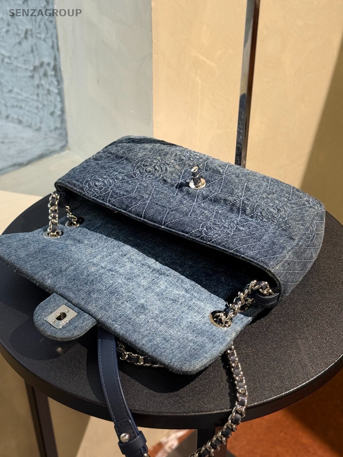 Chanel Classic Flap Denim MM Double Chains Shoulder Bag Blue Women Designer