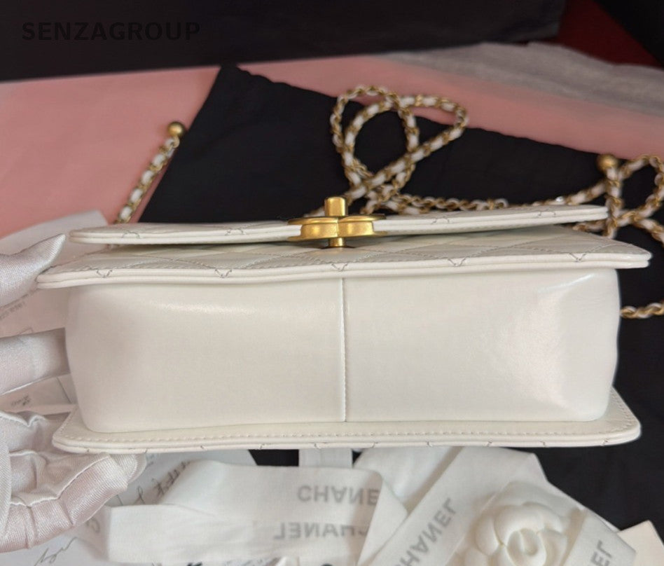 Chanel Diamond Calfskin Chain Shoulder Bag White Gold Women Classic Fashion
