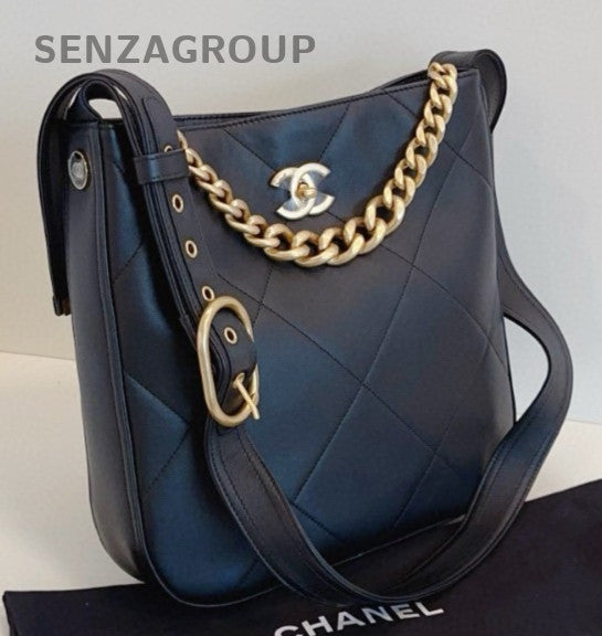 Chanel 21K PM Hobo Chain Shoulder Bag Crossbody Black Gold Women Classic Fashion