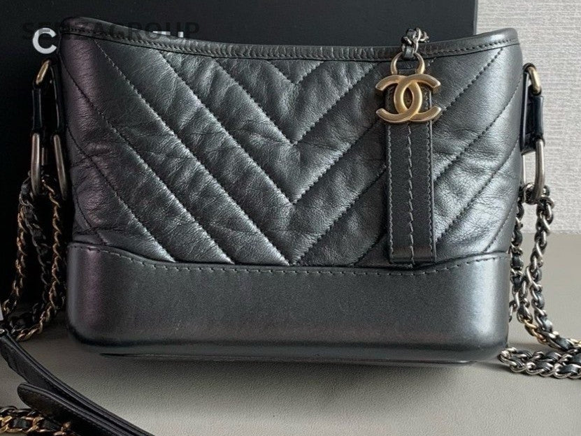 Chanel Gabrielle PM Calfskin V-Quilted Hobo Shoulder Crossbody Bag Black Women
