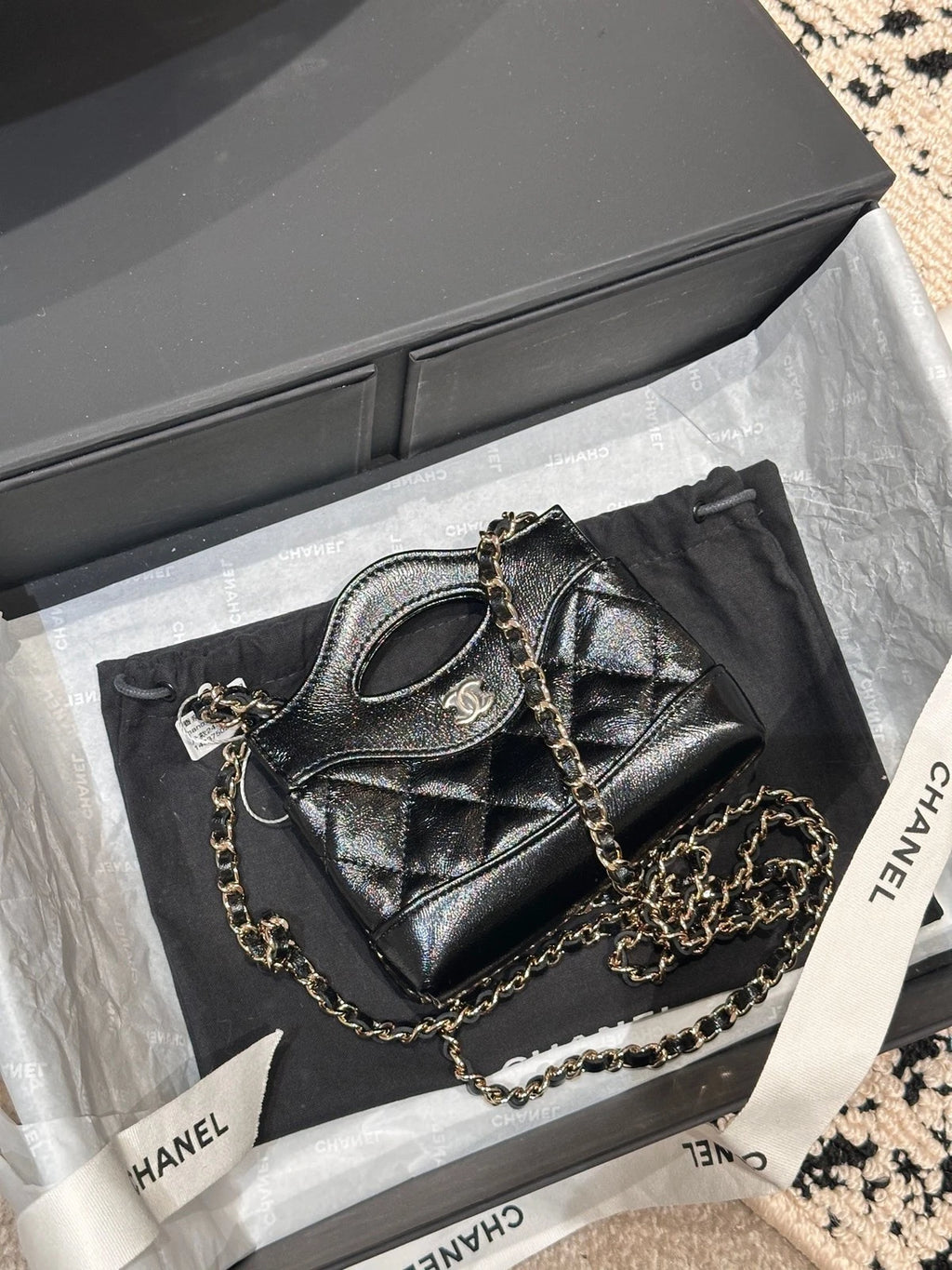 CHANEL 31Bag Nano Mini Black Gold Lambskin Tote For Women