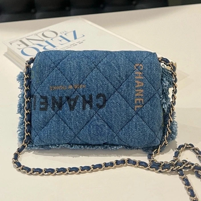 CHANEL Denim Fringe Trim Flap Shoulder Crossbody Bag