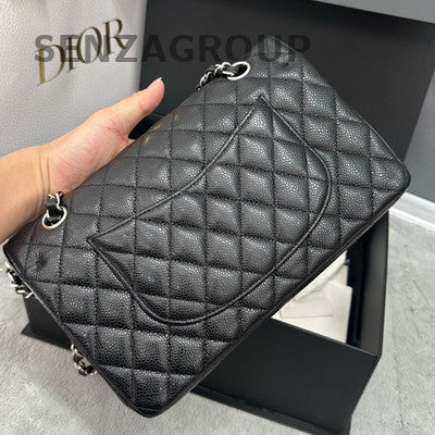 Chanel Classic Flap Medium Black Silver Calfskin Shoulder Crossbody Bag