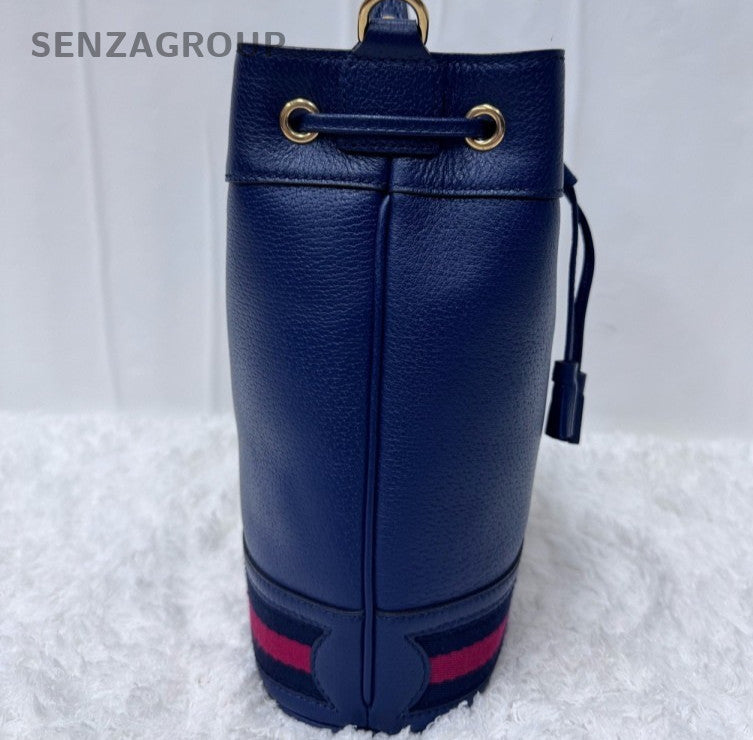 Gucci Bucket 2Way Blue Gold Top Handle Bag Crossbody Used Women Classic