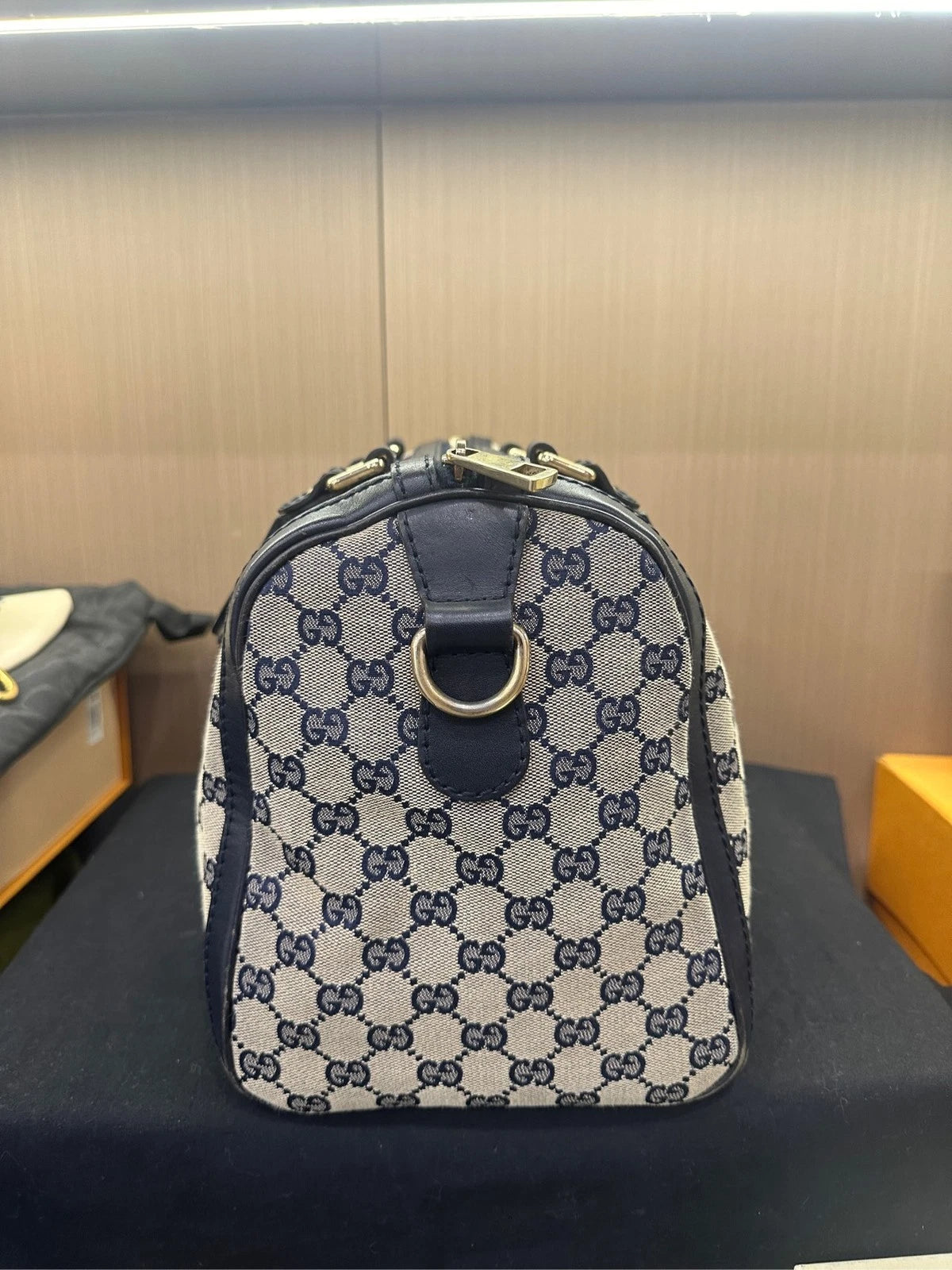 Gucci Blue Leather Canvas Boston Shoulder Crossbody Bag For Women