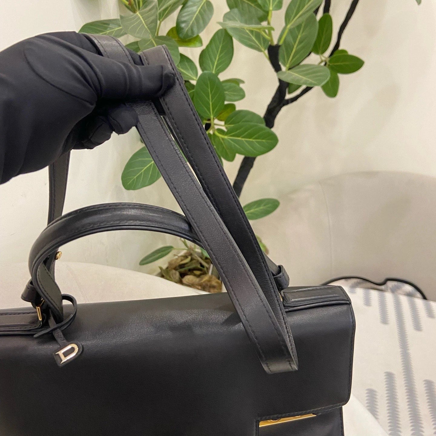 Delvaux Tempete MM Calfskin Top Handle Shoulder Bag Black Gold Women Classic