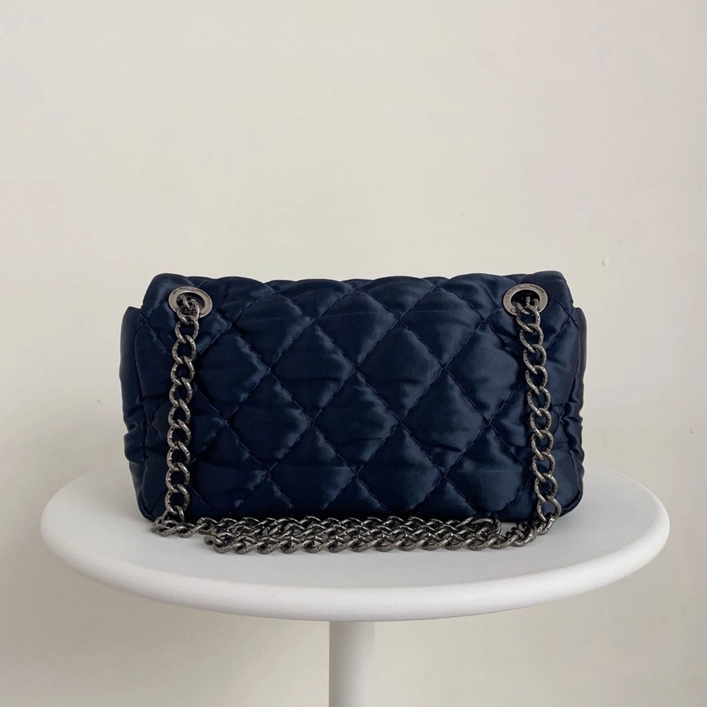 Chanel Classic Flap CF Satin Shoulder &amp; Crossbody Bag Deep Blue Classic