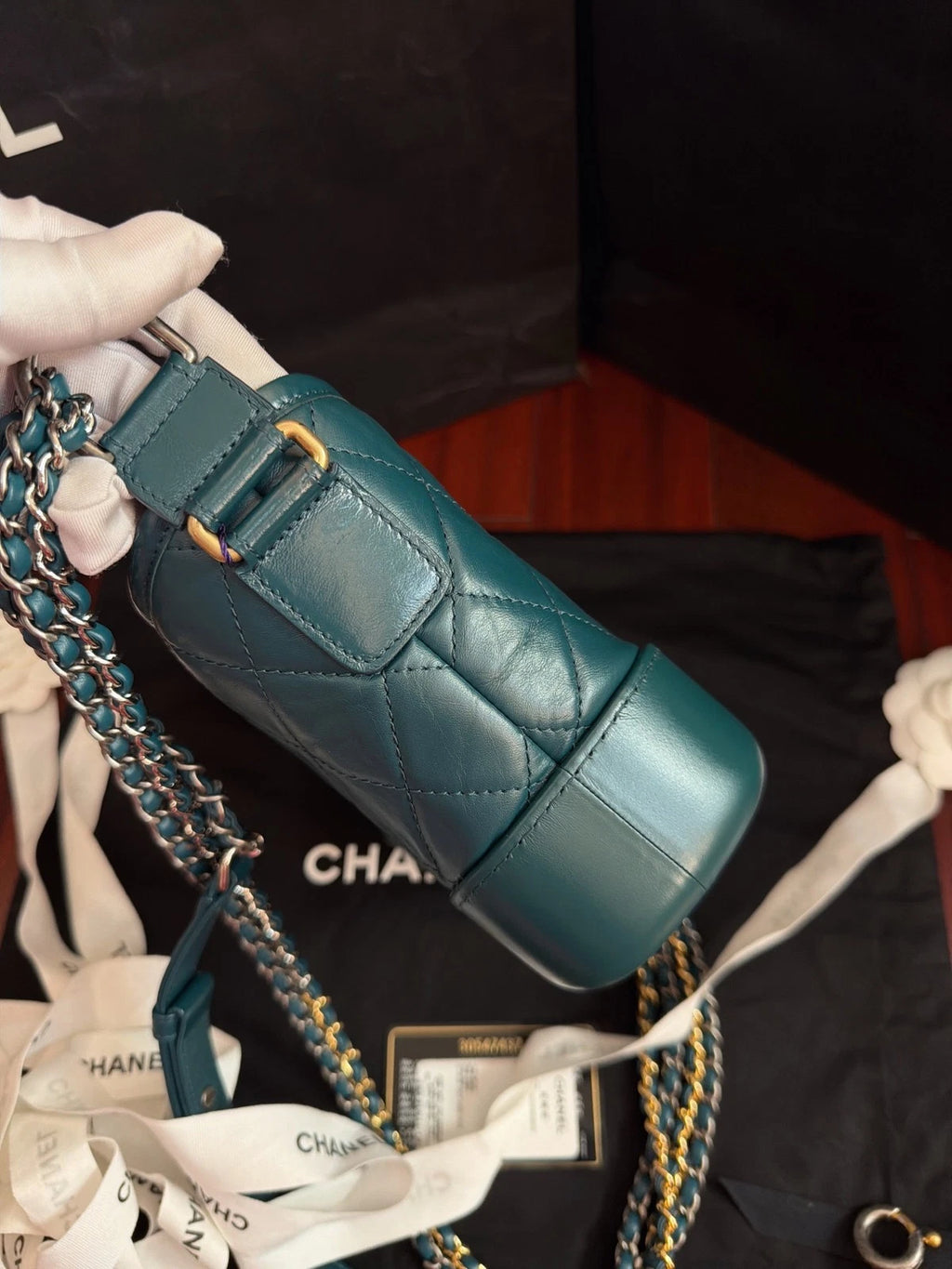 New Chanel Gabrielle PM Chain Blue Handbag Shoulder Bag Diamond Gold Hardware