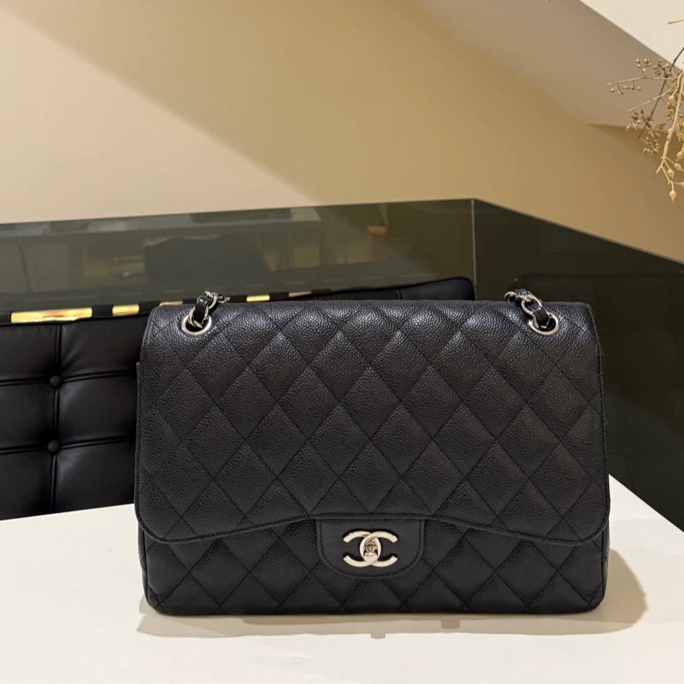 CHANEL Classic Flap Jumbo Black Caviar Leather Silver Hardware Bag