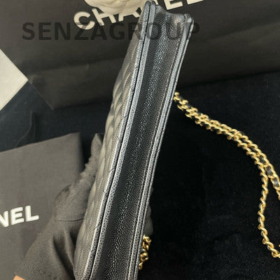 Chanel WOC Quilted Calfskin Double Chain Shoulder Crossbody Bag Black Gold