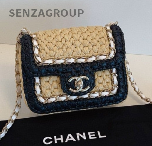 Chanel 24C Raffia Chain Shoulder Bag Crossbody Black Silver Used Women Classic
