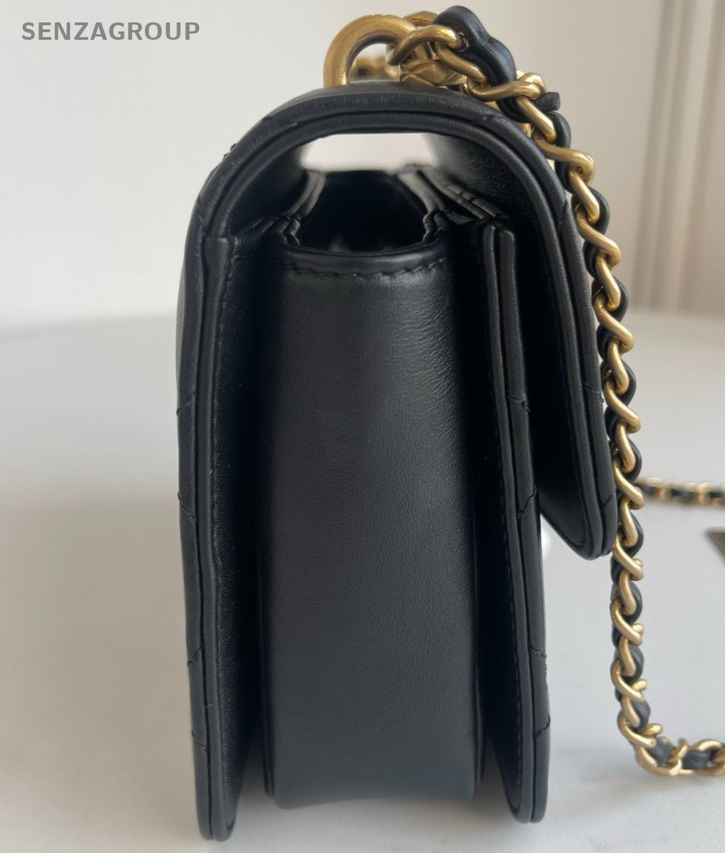 Chanel Diamond Pearl Chain Shoulder Bag Crossbody Black Gold Women Designer