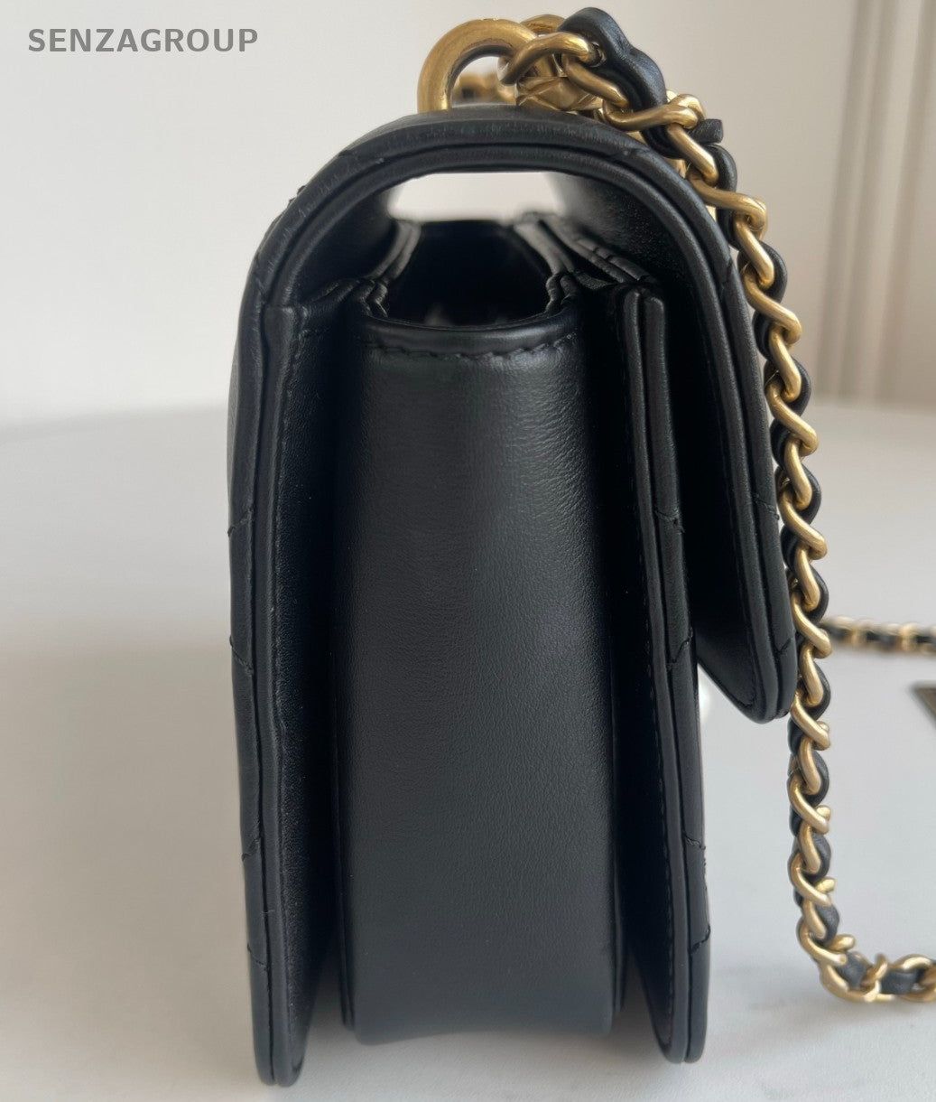 Chanel Diamond Pearl Chain Shoulder Bag Crossbody Black Gold Women Designer